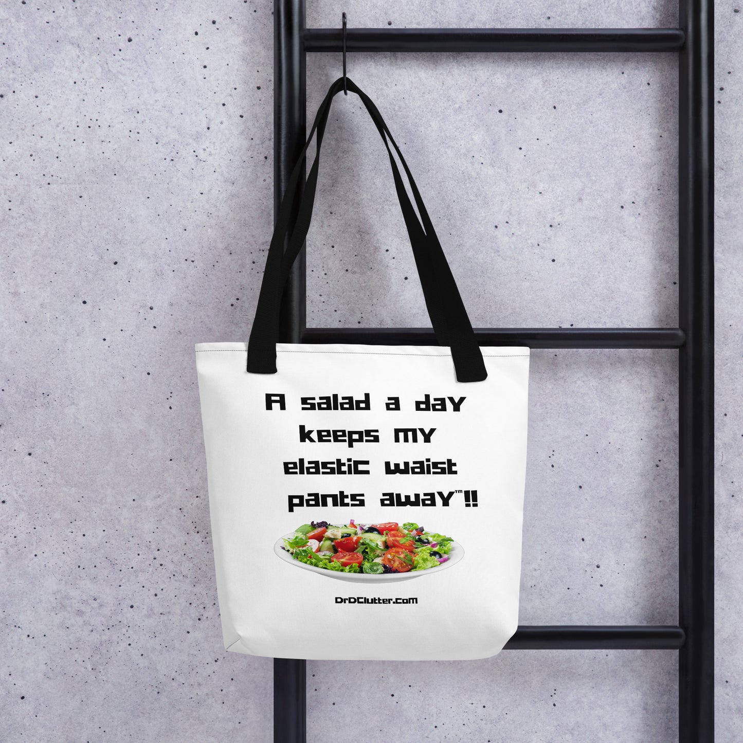 A salad a day keeps my elastic waist pants away™!!-Tote with Choice of Color Handle-Black, Red, Yellow